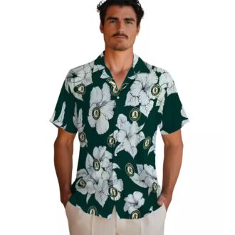 Green White Hibiscus Oakland Athletics Shirt - Floral Hawaiian Button-Up for Men