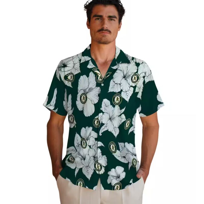 Green White Hibiscus Oakland Athletics Shirt - Floral Hawaiian Button-Up for Men