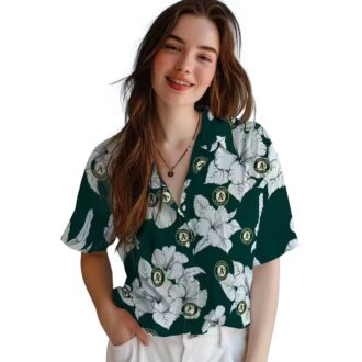 Green White Hibiscus Oakland Athletics Shirt - Floral Hawaiian Button-Up for Men
