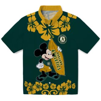 Limited Edition Oakland Athletics Green Hawaiian Shirt with Surfing Mickey Design