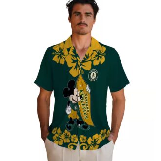 Limited Edition Oakland Athletics Green Hawaiian Shirt with Surfing Mickey Design