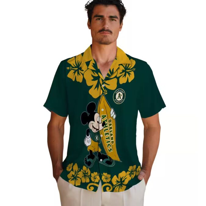 Limited Edition Oakland Athletics Green Hawaiian Shirt with Surfing Mickey Design
