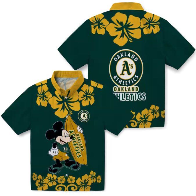 Limited Edition Oakland Athletics Green Hawaiian Shirt with Surfing Mickey Design