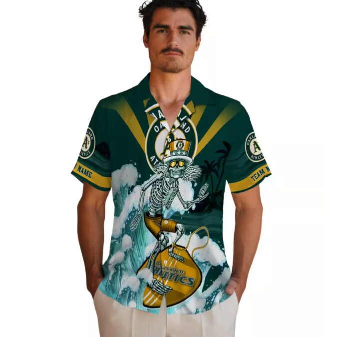 Oakland Athletics Surfing Skeleton Shirt - Cool Green Blue Hawaiian Fan Apparel