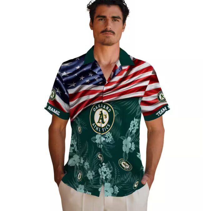 Oakland Athletics US Flag Hawaiian Shirt - Green Floral Summer Baseball Apparel
