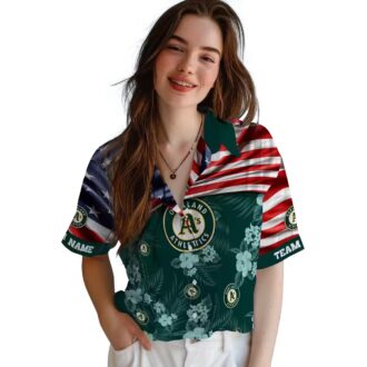Oakland Athletics US Flag Hawaiian Shirt - Green Floral Summer Baseball Apparel