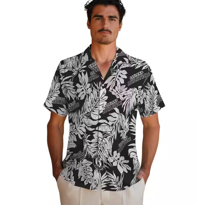 Oakland A’s Black Hawaiian Shirt with Monstera Leaf Pattern - Summer Fan Gift