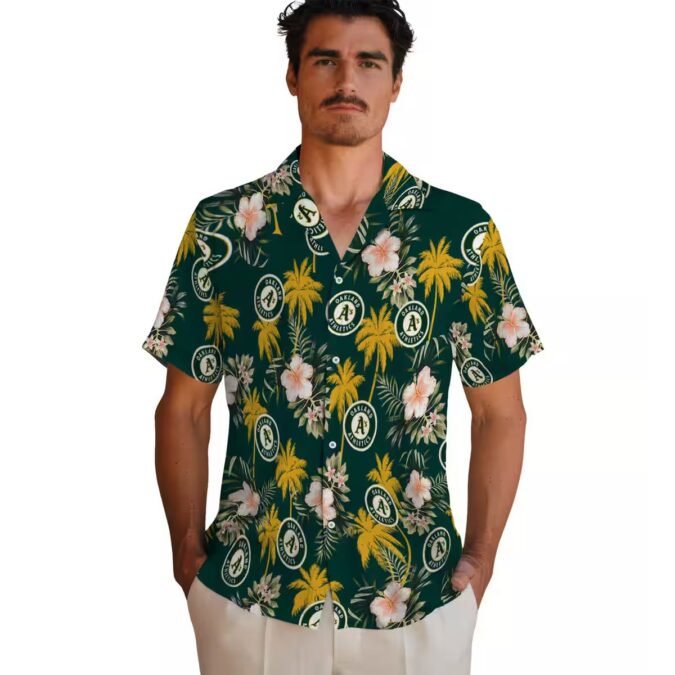 Oakland A’s Green Hawaiian Shirt with Palm Tree and Flower Print - Perfect for Summer