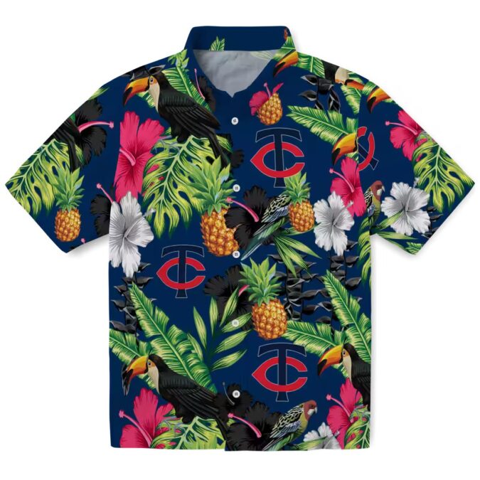 Best Minnesota Twins Navy Green Hawaiian Shirt - Toucan Hibiscus Pineapple Tropical Fan Gear