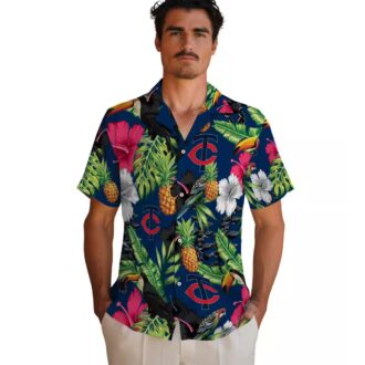 Best Minnesota Twins Navy Green Hawaiian Shirt - Toucan Hibiscus Pineapple Tropical Fan Gear