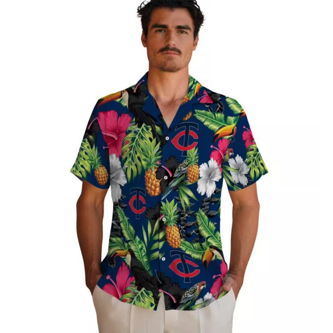 Best Minnesota Twins Navy Green Hawaiian Shirt - Toucan Hibiscus Pineapple Tropical Fan Gear