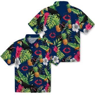Best Minnesota Twins Navy Green Hawaiian Shirt - Toucan Hibiscus Pineapple Tropical Fan Gear