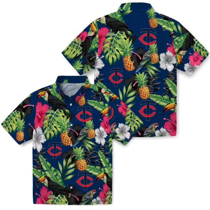 Best Minnesota Twins Navy Green Hawaiian Shirt - Toucan Hibiscus Pineapple Tropical Fan Gear