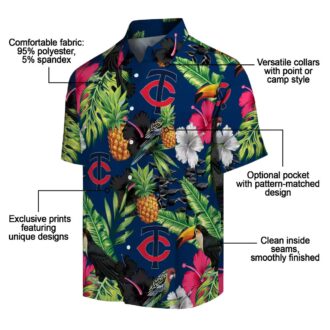Best Minnesota Twins Navy Green Hawaiian Shirt - Toucan Hibiscus Pineapple Tropical Fan Gear