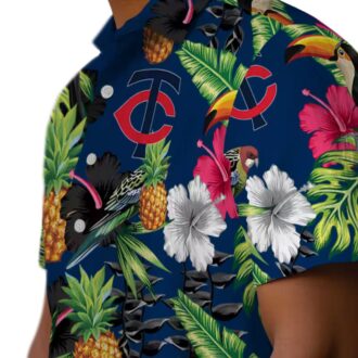 Best Minnesota Twins Navy Green Hawaiian Shirt - Toucan Hibiscus Pineapple Tropical Fan Gear