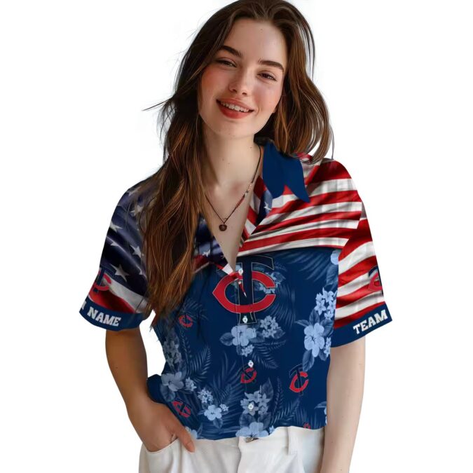 Custom Minnesota Twins Hibiscus Navy Hawaiian Shirt – US Flag Design for MLB Fans