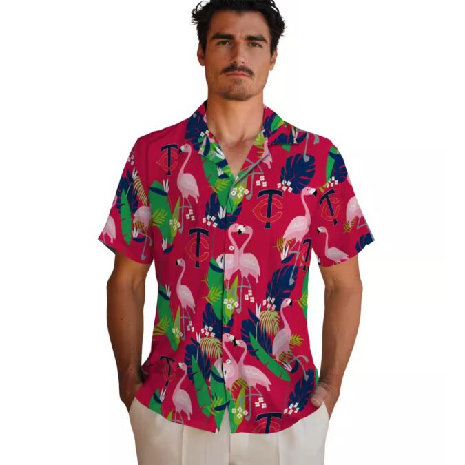 Exclusive Minnesota Twins Flamingo Foliage Aloha Shirt - Navy Green Tropical MLB Apparel
