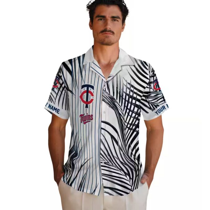 Men's Minnesota Twins Palm Stripes Navy Black White Hawaiian Shirt - MLB Summer Fashion