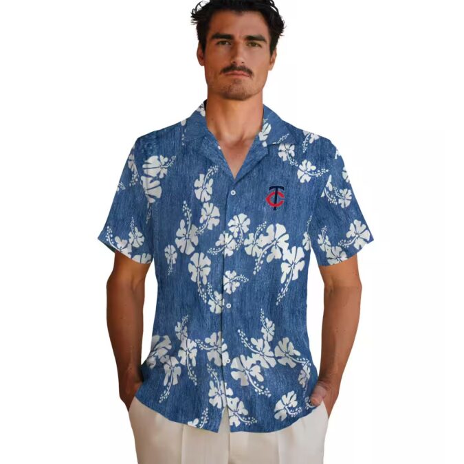 Minnesota Twins Hibiscus Clusters Navy Button Up Shirt - Men’s MLB Hawaiian Summer Fan Apparel