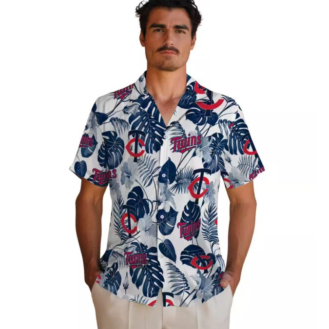 Minnesota Twins Navy White Beach Party Shirt - Tropical Plants Hawaiian Shirt for MLB Fans