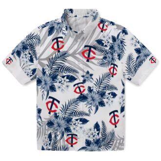 Minnesota Twins Navy White Hawaiian Shirt - Hibiscus Palm Leaves Tropical Baseball Shirt