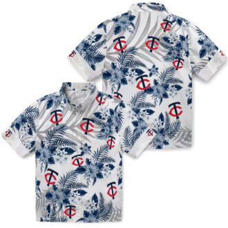 Minnesota Twins Navy White Hawaiian Shirt - Hibiscus Palm Leaves Tropical Baseball Shirt