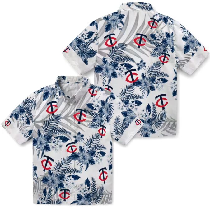Minnesota Twins Navy White Hawaiian Shirt - Hibiscus Palm Leaves Tropical Baseball Shirt