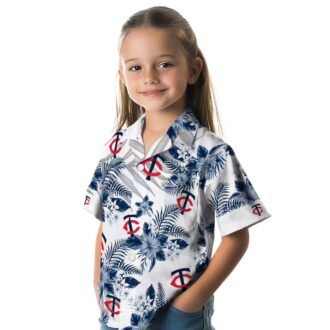 Minnesota Twins Navy White Hawaiian Shirt - Hibiscus Palm Leaves Tropical Baseball Shirt