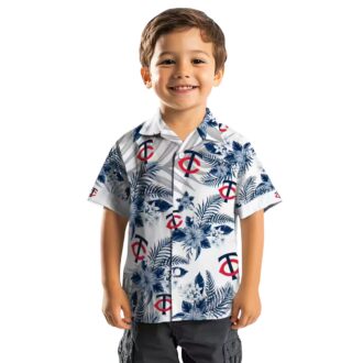 Minnesota Twins Navy White Hawaiian Shirt - Hibiscus Palm Leaves Tropical Baseball Shirt