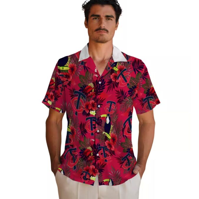 MLB Minnesota Twins Floral Toucan Hawaiian Shirt - Navy Red Tropical Summer Shirt for Fans