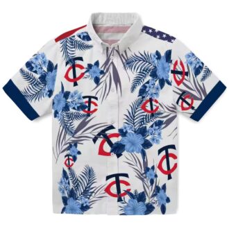 Patriotic Hibiscus Design Minnesota Twins Hawaiian Shirt - Navy White Summer Baseball Shirt