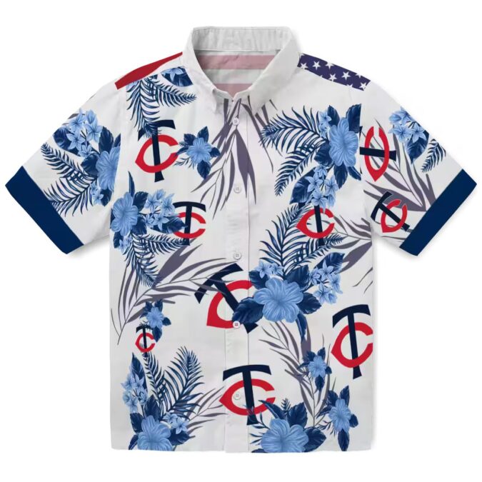 Patriotic Hibiscus Design Minnesota Twins Hawaiian Shirt - Navy White Summer Baseball Shirt