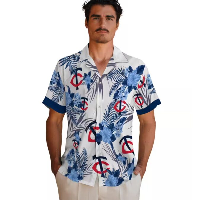 Patriotic Hibiscus Design Minnesota Twins Hawaiian Shirt - Navy White Summer Baseball Shirt
