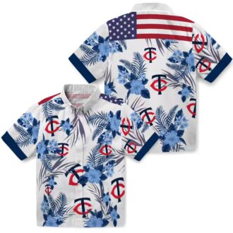 Patriotic Hibiscus Design Minnesota Twins Hawaiian Shirt - Navy White Summer Baseball Shirt