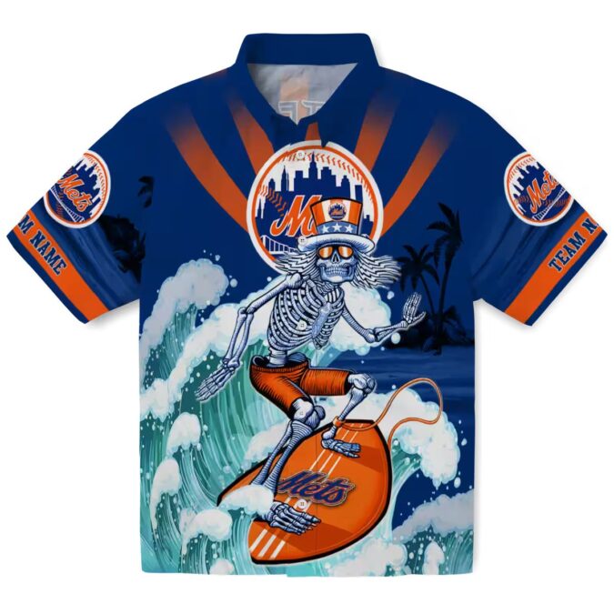 Blue New York Mets Hawaiian Shirt with Surfing Skeleton - Custom MLB Design for Summer