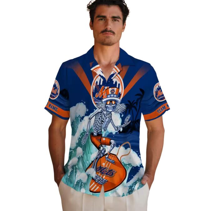 Blue New York Mets Hawaiian Shirt with Surfing Skeleton - Custom MLB Design for Summer