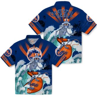 Blue New York Mets Hawaiian Shirt with Surfing Skeleton - Custom MLB Design for Summer