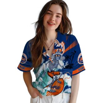 Blue New York Mets Hawaiian Shirt with Surfing Skeleton - Custom MLB Design for Summer
