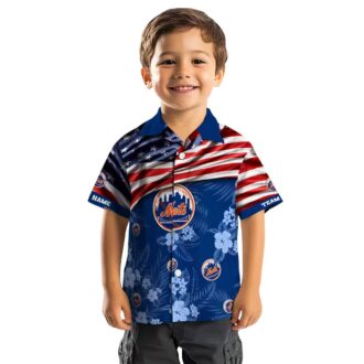 Custom Mets Hawaiian Shirt with US Flag & Floral Design - 4th of July Fanwear