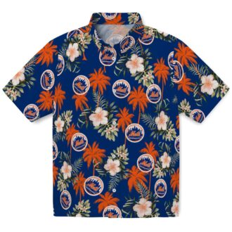 Limited Edition New York Mets Hawaiian Shirt - Palm Tree & Hibiscus Floral Blue Aloha Shirt