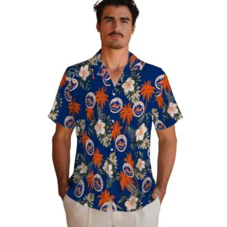 Limited Edition New York Mets Hawaiian Shirt - Palm Tree & Hibiscus Floral Blue Aloha Shirt