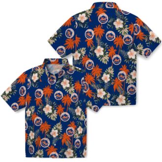 Limited Edition New York Mets Hawaiian Shirt - Palm Tree & Hibiscus Floral Blue Aloha Shirt