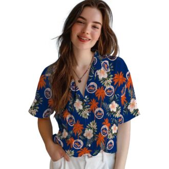 Limited Edition New York Mets Hawaiian Shirt - Palm Tree & Hibiscus Floral Blue Aloha Shirt