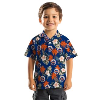 Limited Edition New York Mets Hawaiian Shirt - Palm Tree & Hibiscus Floral Blue Aloha Shirt