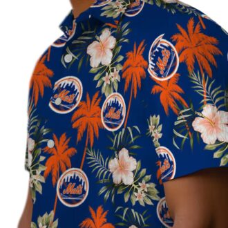 Limited Edition New York Mets Hawaiian Shirt - Palm Tree & Hibiscus Floral Blue Aloha Shirt