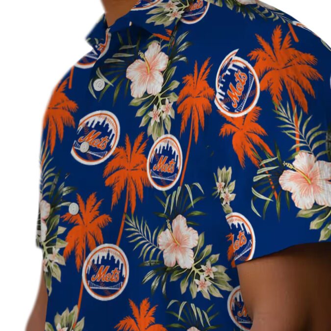 Limited Edition New York Mets Hawaiian Shirt - Palm Tree & Hibiscus Floral Blue Aloha Shirt