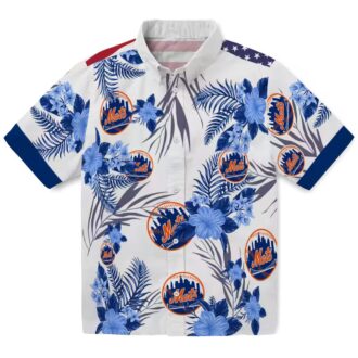 Men's New York Mets Hibiscus Hawaiian Shirt - Patriotic Floral Blue White MLB Summer Shirt