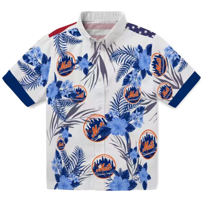 Men's New York Mets Hibiscus Hawaiian Shirt - Patriotic Floral Blue White MLB Summer Shirt