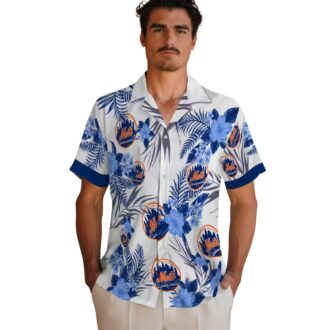 Men's New York Mets Hibiscus Hawaiian Shirt - Patriotic Floral Blue White MLB Summer Shirt