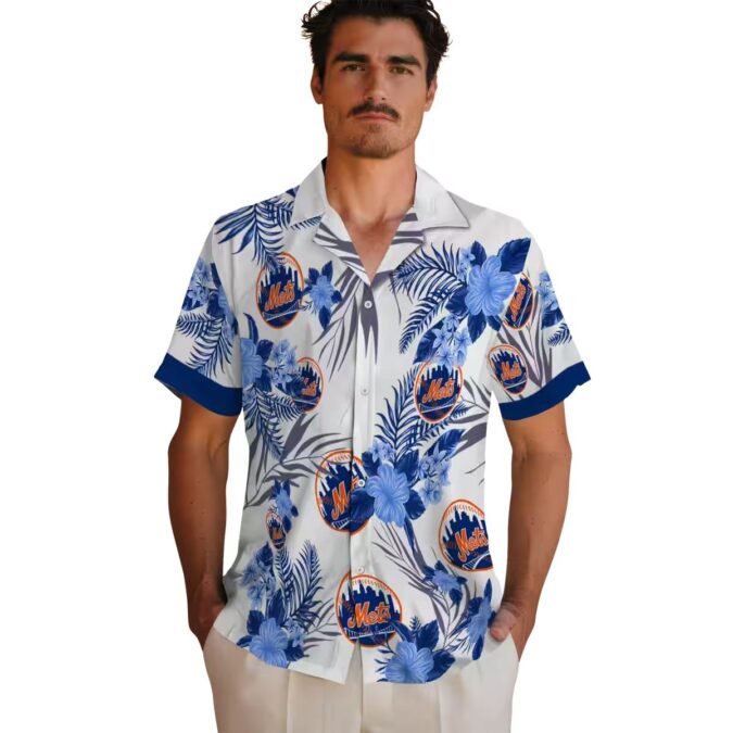 Men's New York Mets Hibiscus Hawaiian Shirt - Patriotic Floral Blue White MLB Summer Shirt